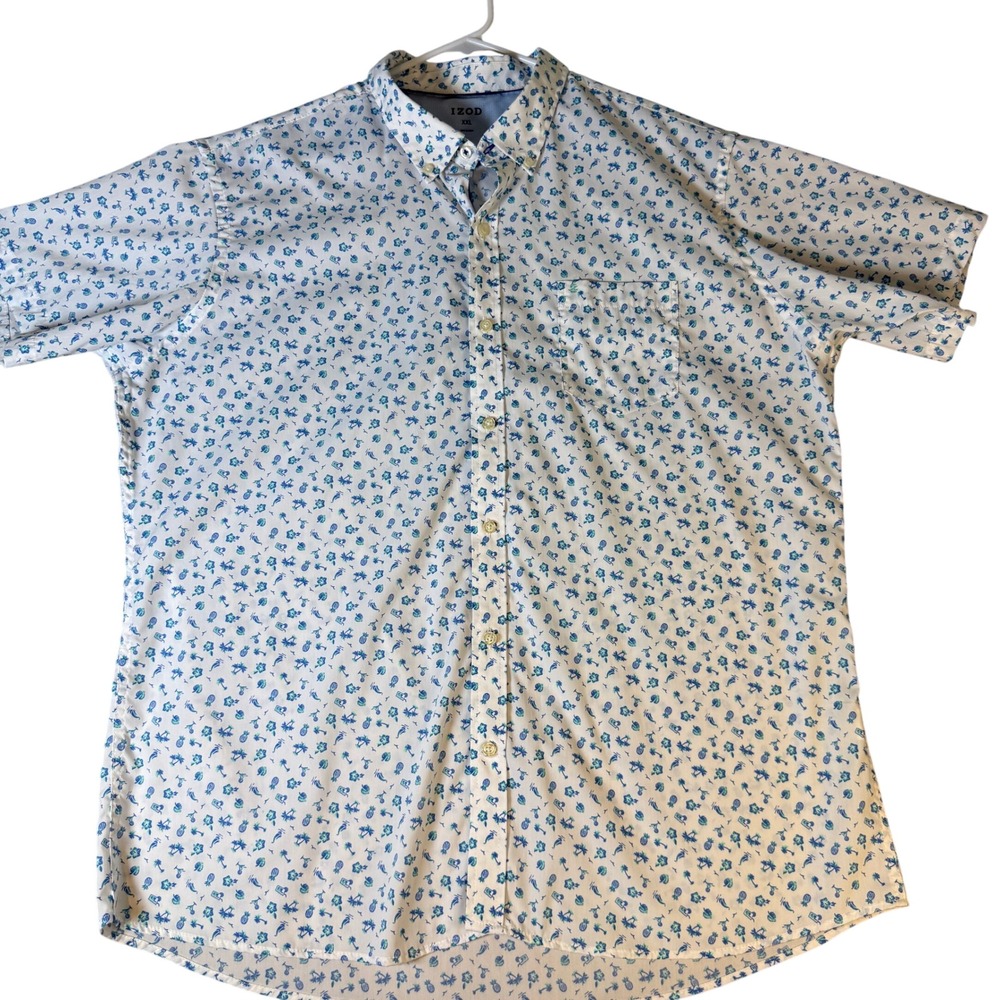 IZOD Mens XXL Tropical Pineapple Palm Tree Short Sleeve Button Down Shirt White